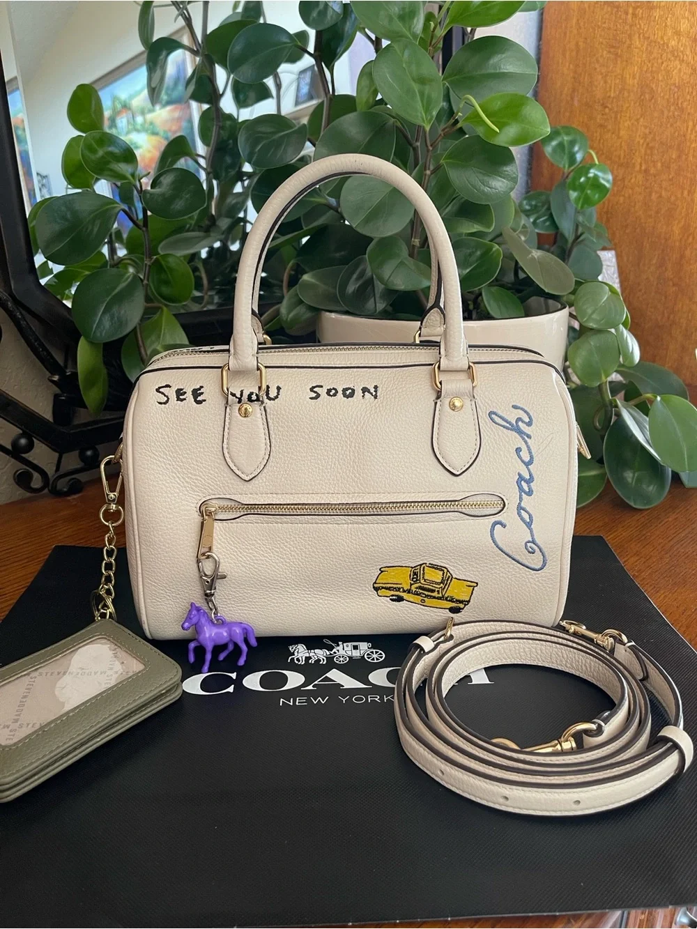 Coach Rowan Satchel Bag in Sketch Print with Charms & Cardholder